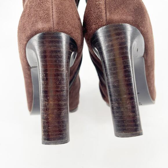 Vintage Prada Brown Suede Lace Up Square Toe High Heel Mid Calf Boots IT 37 - Picture 8 of 12